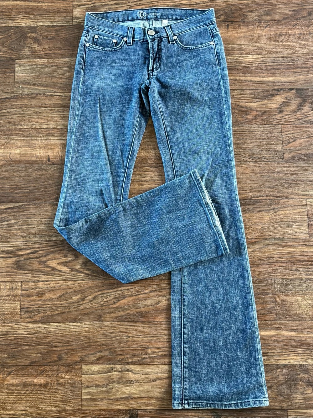 Vintage Y2K BEBE Carmen Rhinestone Logo Flare Jeans Dark Wash 26 Made in USA